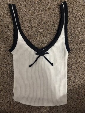 Zara White Ribbed Camisole with Black Trim and Bow
